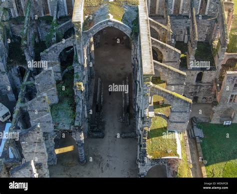 Aerial view of Villers Abbey ruins, an ancient Cistercian abbey located near the town of Villers ...