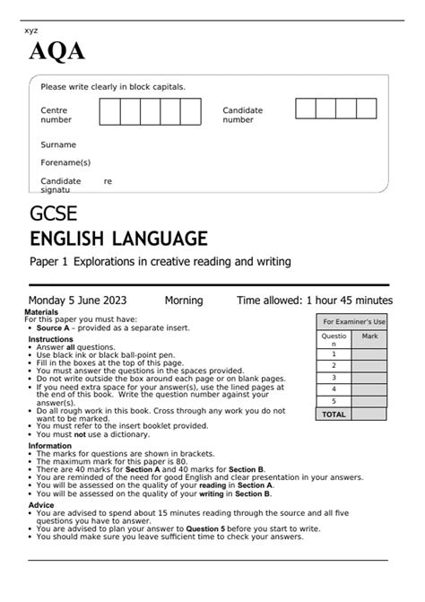 AQA GCSE ENGLISH LANGUAGE Paper 1 JUNE 2023 QUESTION PAPER: Explorations in creative reading and ...