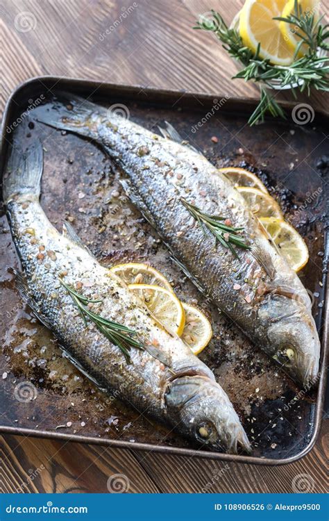 Baked Sea Bass with Lemon and Rosemary Stock Photo - Image of european, bream: 108906526