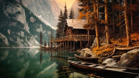 Premium AI Image | A painting of a cabin by the lake