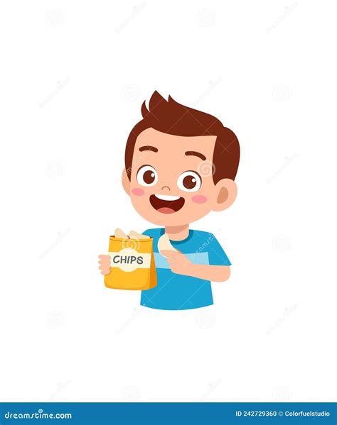 Little Boy Eat Potato Chips and Feel Happy Stock Vector - Illustration ...