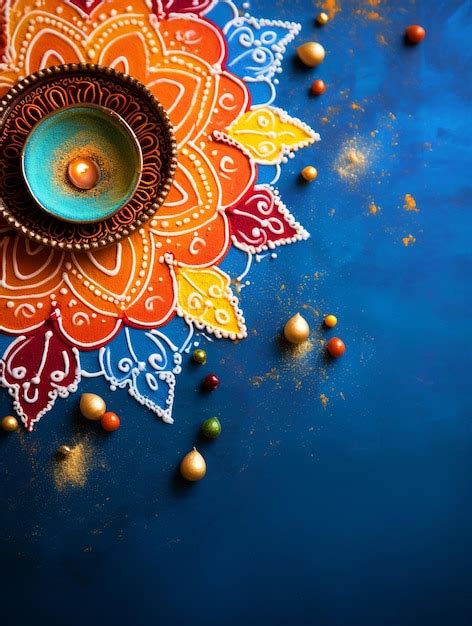 Premium AI Image | Happy Diwali background with beautiful Diya and colorful rangoli top view