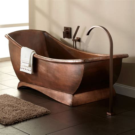 70" Thaine Antique Black Copper Double-Slipper Pedestal Tub - Polished Interior