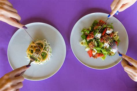 Table with Many Salad Top View. Different Salads on Concrete Table, Top View Stock Image - Image ...