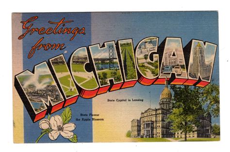 Linen postcard. Greetings from Michigan. Large letter. State Capital in Lansing, State Flower ...