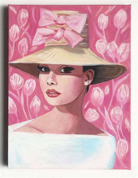 Audrey Hepburn portrait painting. Pink floral, glamour, Hollywood, Vintage, Original painting ...