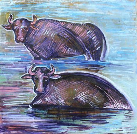 Water buffaloes swimming in the water. Portrait of animals. Painting ...