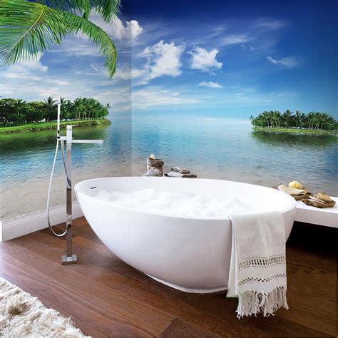 Custom Self adhesive Bathroom Mural Wallpaper Sticker Blue Sky Beach Seascape 3D Wall Murals PVC ...