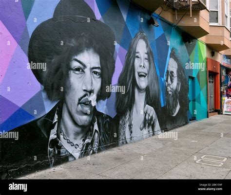 Mural with the late musicians Jimi Hendrix, Janis Joplin and Jerry Garcia in the Haight-Ashbury ...