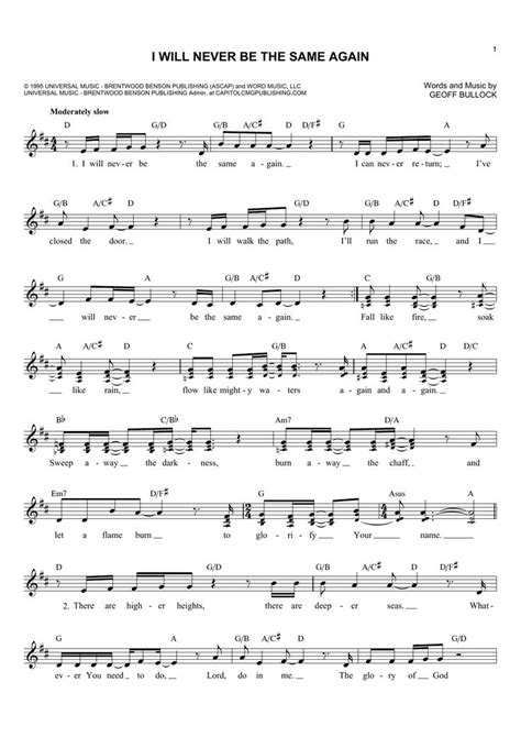 Geoff Bullock I Will Never Be The Same Again Sheet Music Notes, Chords ...