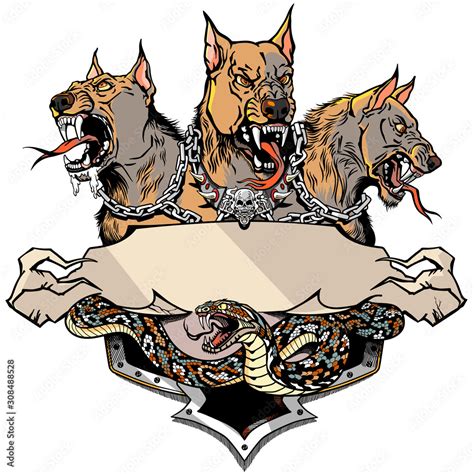 Cerberus hell hound and angry snake. Mythological three headed dog the guard of entrance to hell ...