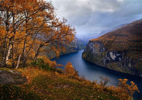 nature, Landscape, Fjord, Norway, Fall, Trees, Grass, Mountain, Clouds ...