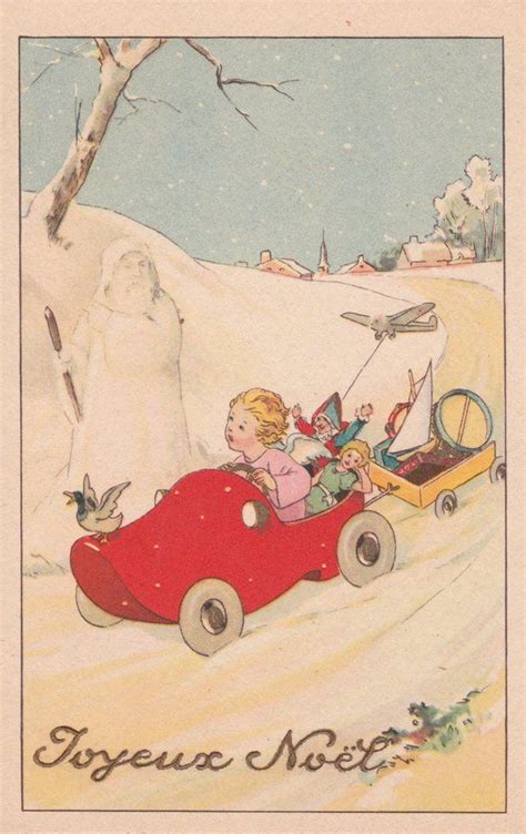 Art Deco French Christmas postcard, an angel baby riding a car full of toys, vintage printable ...