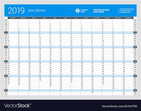 Yearly wall calendar planner template for 2019 Vector Image