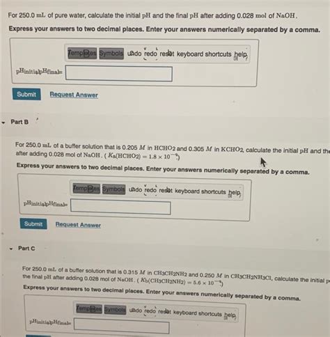 Solved For 250.0 mL of pure water, calculate the initial pH | Chegg.com