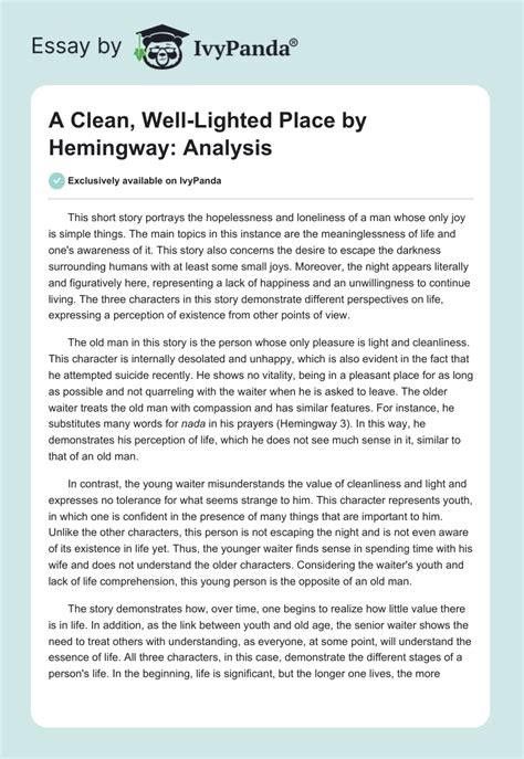 A Clean, Well-Lighted Place by Hemingway: Analysis - 398 Words | Essay Example