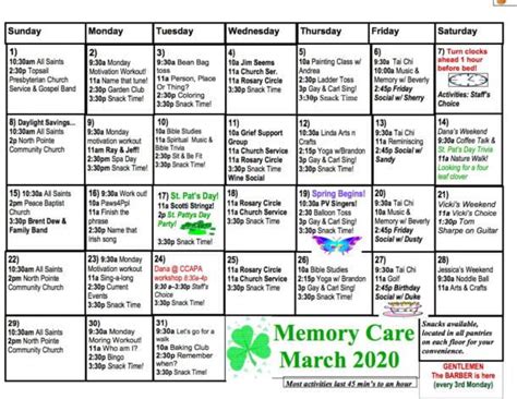 Memory Care Calendar - The Davis Community