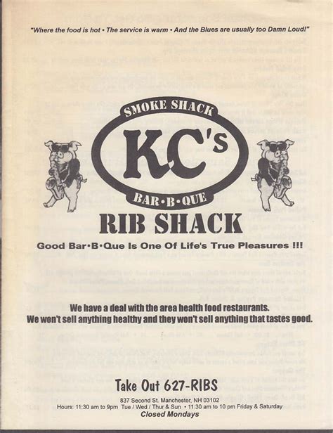 KC's Smoke Shack Bar-B-Que Rib Shack Menu Manchester NH ca 1980s