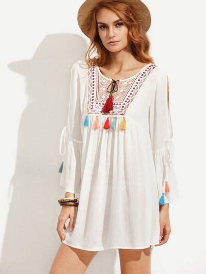 White Embroidered Tassel Tie Split Sleeve Dress -SheIn(Sheinside) | Split sleeve dress, Casual ...