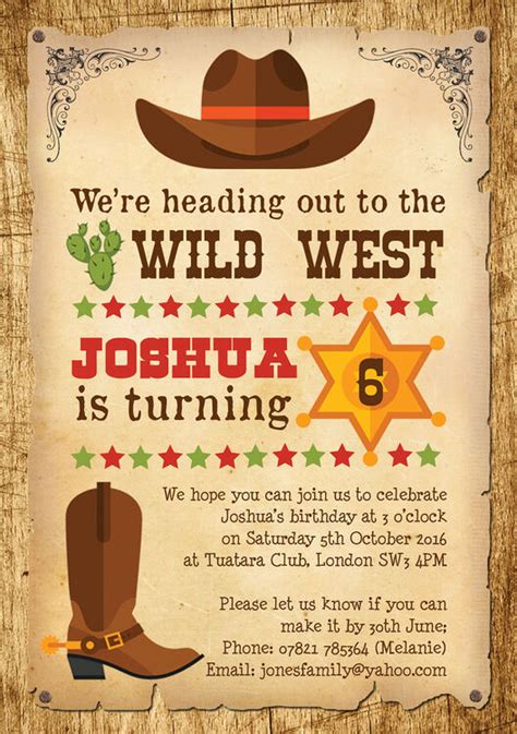 Cowboy Wild West Birthday Party Invitation from £0.80 each