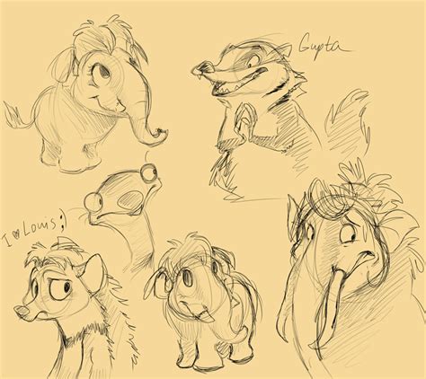 several sketches of different animals in various poses, including an elephant and other animal ...