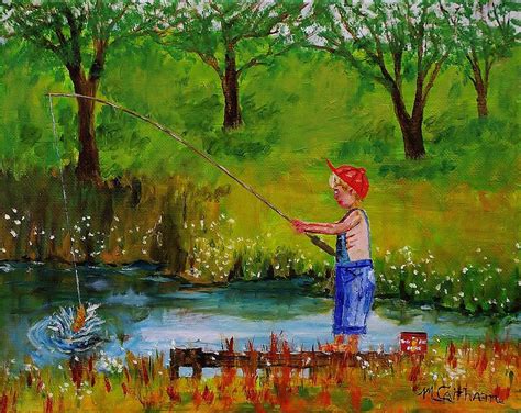 Little Boy Fishing Painting by Mike Caitham