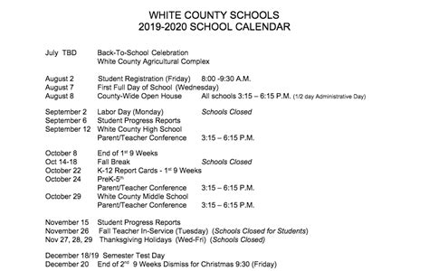 White County Schools 2019-2020 School Calendar | Upper Cumberland Reporter