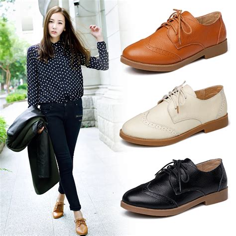 (BEIGE+BLACK)New 2015 Cowhide Casual Flat Shoes Genuine Leather Oxford ...