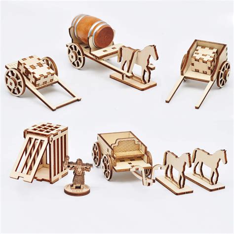 Buy DND Carts and Wagons Miniatures Set with Horse, Crate, Barrel and Prison Cage Wooden Laser ...