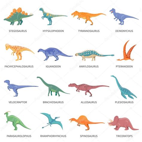 Imágenes: dinosaurios animados con nombres | Conjunto de colores iconos aislados de dinosaurios ...