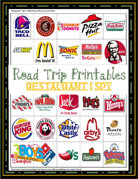 Road Trip Printables for Kids: Restaurant I Spy - Free Car Travel Games