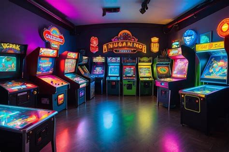 Premium AI Image | Retro gaming room with vintage arcade machines a pinball table and neon lighting