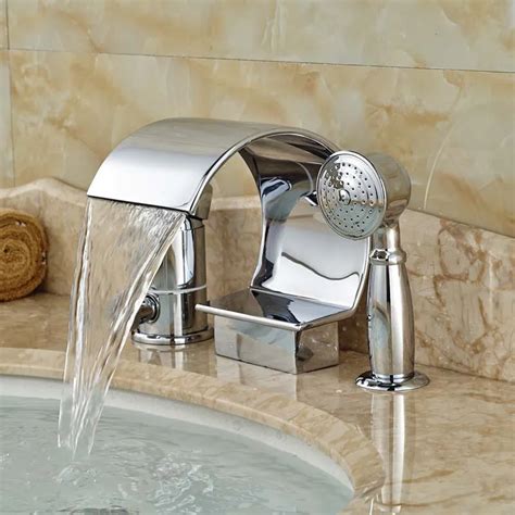 2016 Widespread Waterfall Spout Bathtub Mixer Filler Chrome Finish Deck Mount with Handshower-in ...