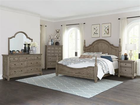 HOLDEN 5 piece Traditional Cottage Gray Oak Bedroom Set w. Queen Size Poster Bed - Bedroom Sets