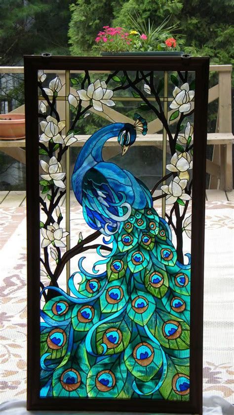 MAGNIFICENT * PEACOCK 17x37 STAINED GLASS WINDOW PANEL | eBay