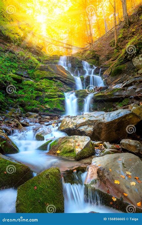 Autumn Mountain Waterfall Stream in the Rocks with Colorful Fallen Dry Leaves, Landscape Stock ...