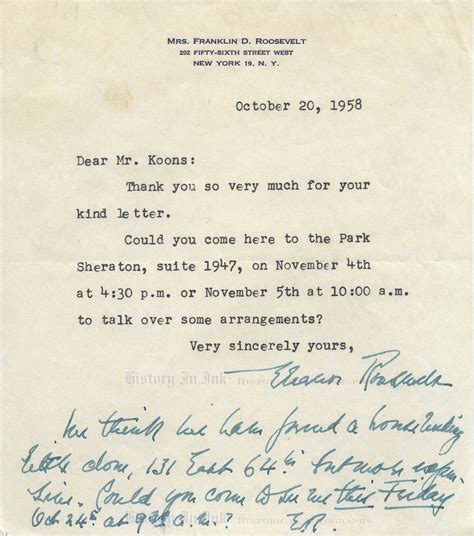 Typed letter signed by First Lady Eleanor Roosevelt, with four-line ...