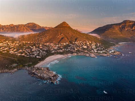 Aerial view of Llandudno beach at sunset, Cape Town, South Africa stock photo