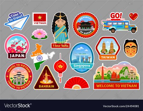 Big set travel stickers asia Royalty Free Vector Image