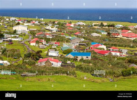 Edinburgh of the Seven Seas town aerial panoramic view, Tristan da Cunha, the most remote ...