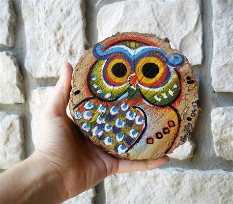 Funky Owl Painting on Wood / Whimsical Natural Woodland