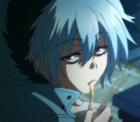 an anime character with blue hair eating food