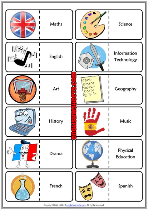 School Subjects ESL Printable Dominoes Game For Kids | School subjects, Domino games, Esl