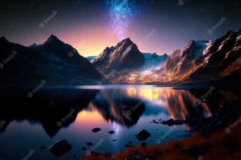 Premium Photo | Night sky stars over mountain lake illustration nature background of beautiful ...