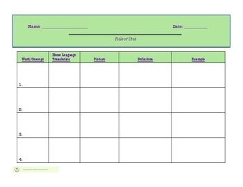 Vocabulary Chart Template PDF - Horizontal | TPT