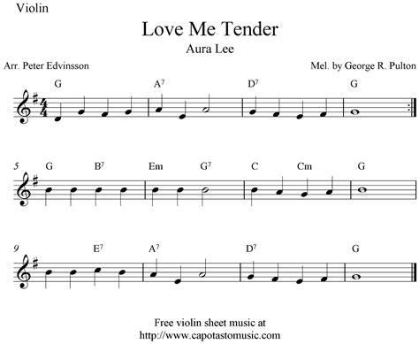 Easy Sheet Music For Beginners: Love Me Tender (Aura Lee), free violin sheet music notes