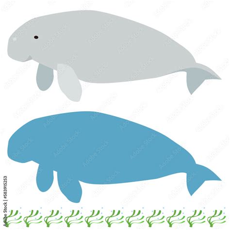 Cartoon-style dugong and dugong silhouette and eelgrass bed border ...