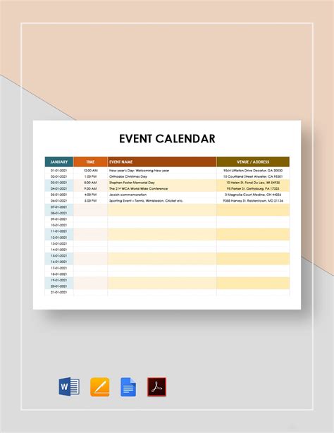 Event Calendar Template in Google Docs, Pages, Word, PDF - Download ...