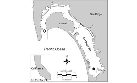 Map of San Diego Bay, California and approximate location of two ...