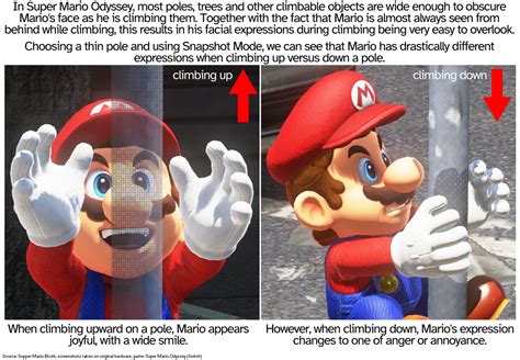 Mario has drastically different expressions when climbing up a pole compared to climbing down ...